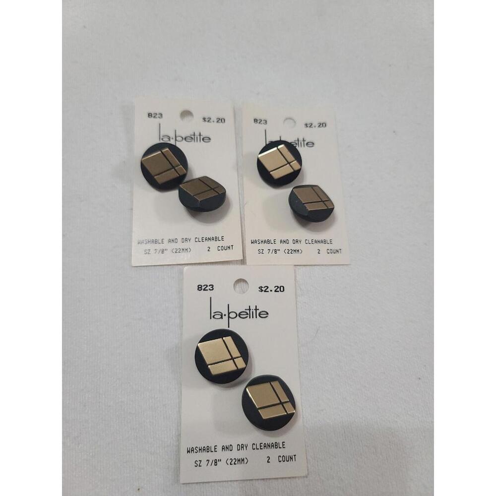 VTG La Petite Button Bundle 3Pks Of 2 Black Round W/Gold Square Shank 7/8" NOS